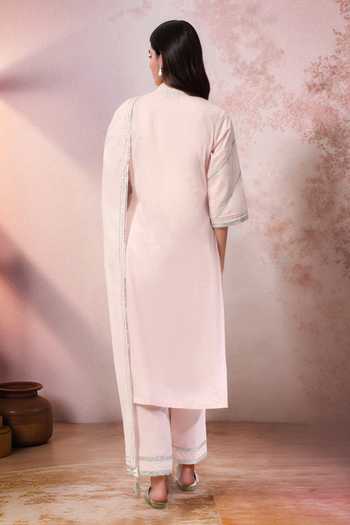 Shop_Jhambthreads_Cream Cotton, Organza Tassels V-neck Contrast Yoke Kurta Set _at_Aza_Fashions