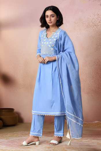 Buy_Jhambthreads_Blue Cotton, Organza Embroidery, Tassels V-neck Yoke Kurta Set _at_Aza_Fashions