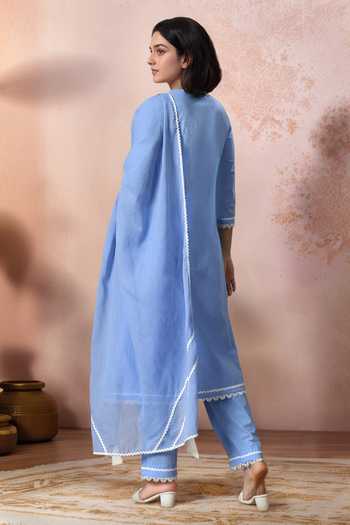 Shop_Jhambthreads_Blue Cotton, Organza Embroidery, Tassels V-neck Yoke Kurta Set _at_Aza_Fashions