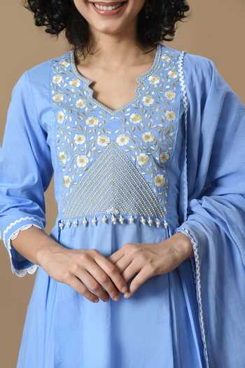 Buy_Jhambthreads_Blue Cotton, Organza Embroidery, Tassels V-neck Yoke Kurta Set _Online_at_Aza_Fashions