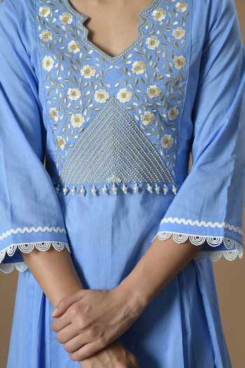 Shop_Jhambthreads_Blue Cotton, Organza Embroidery, Tassels V-neck Yoke Kurta Set _Online_at_Aza_Fashions