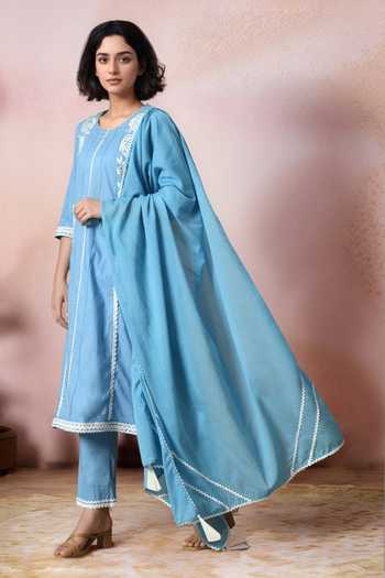 Buy_Jhambthreads_Blue Cotton, Organza Embroidery Round Neck, Yes Placed Kurta Set _at_Aza_Fashions