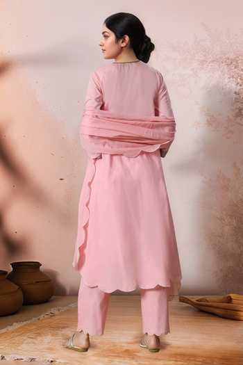 Shop_Jhambthreads_Pink Cotton, Organza Zari V-neck Scallopm Hem Straight Kurta Set _at_Aza_Fashions