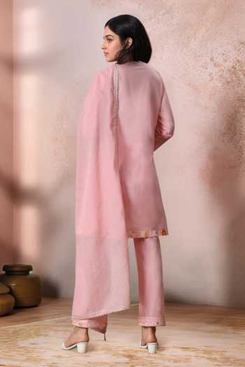 Shop_Jhambthreads_Pink Cotton, Organza Embroidery V-neck Placed Kurta Set _at_Aza_Fashions