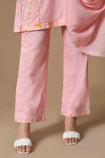 Shop_Jhambthreads_Pink Cotton, Organza Embroidery V-neck Placed Kurta Set _Online_at_Aza_Fashions