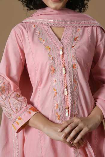 Jhambthreads_Pink Cotton, Organza Embroidery V-neck Placed Kurta Set _at_Aza_Fashions