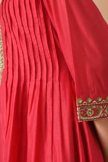 Jhambthreads_Red Organza, Chanderi Embroidery, Zari Round Neck Straight Kurta Set _Online_at_Aza_Fashions
