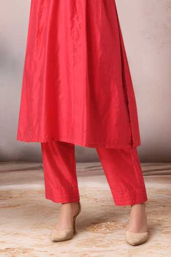 Shop_Jhambthreads_Red Organza, Chanderi Embroidery, Zari Round Neck Straight Kurta Set _Online_at_Aza_Fashions