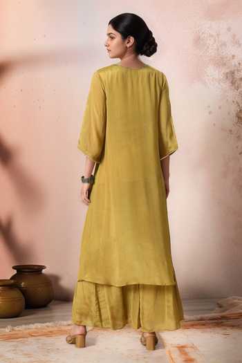 Shop_Jhambthreads_Green Organza, Chinon Embroidery V-neck Yoke Kurta Set _at_Aza_Fashions