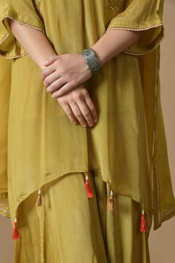 Shop_Jhambthreads_Green Organza, Chinon Embroidery V-neck Yoke Kurta Set _Online_at_Aza_Fashions