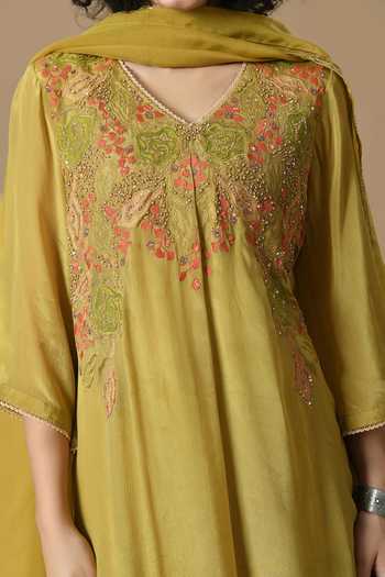 Jhambthreads_Green Organza, Chinon Embroidery V-neck Yoke Kurta Set _at_Aza_Fashions