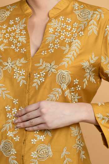 Buy_Jhambthreads_Yellow Chanderi Embroidery Mandarin Collar Top And Palazzo Set _Online_at_Aza_Fashions