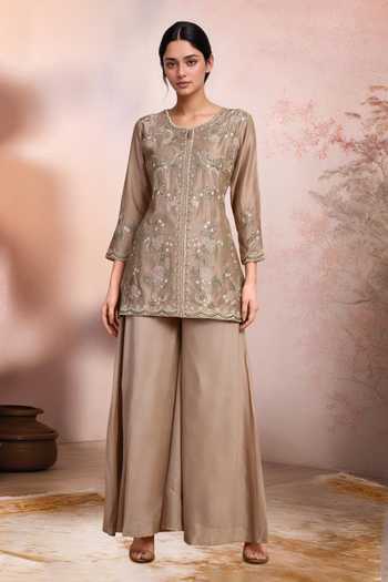 Buy_Jhambthreads_Brown Chanderi Embroidery Round Neck Floral Kurta And Palazzo Set _at_Aza_Fashions
