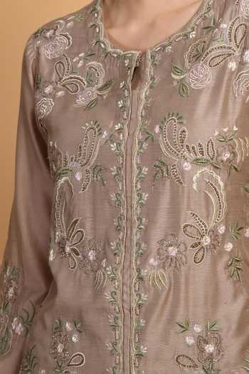 Buy_Jhambthreads_Brown Chanderi Embroidery Round Neck Floral Kurta And Palazzo Set _Online_at_Aza_Fashions