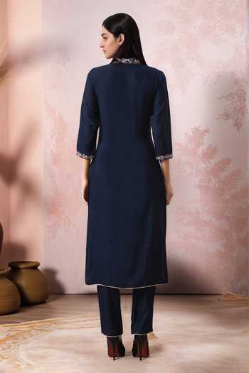 Shop_Jhambthreads_Blue Cotton, Rayon Embroidery V-neck Straight Kurta And Pant Set _at_Aza_Fashions