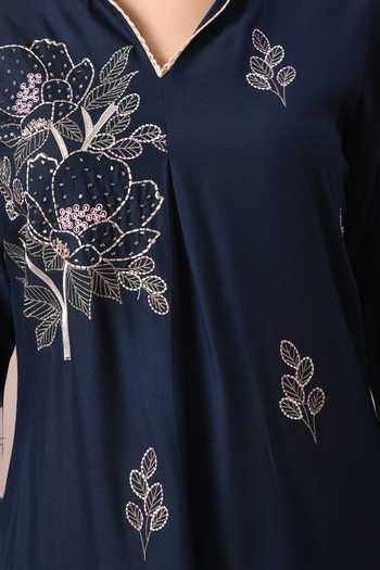 Buy_Jhambthreads_Blue Cotton, Rayon Embroidery V-neck Straight Kurta And Pant Set _Online_at_Aza_Fashions