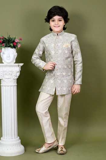 Buy_Jhambthreads_White Jacquard Sherwani Jacket And Pant Set _at_Aza_Fashions