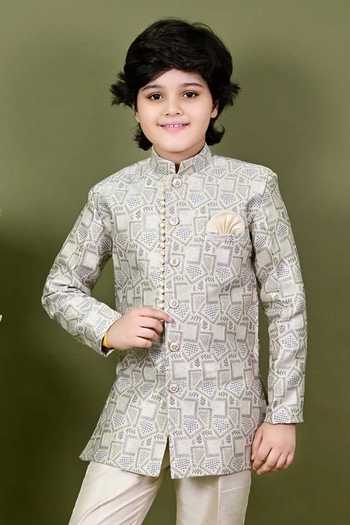 Shop_Jhambthreads_White Jacquard Sherwani Jacket And Pant Set _at_Aza_Fashions
