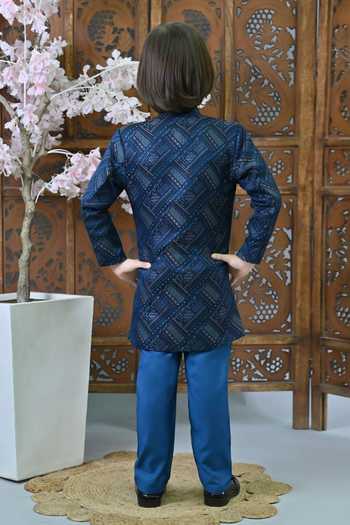 Shop_Jhambthreads_Blue Jacquard Sherwani Jacket And Pant Set _at_Aza_Fashions