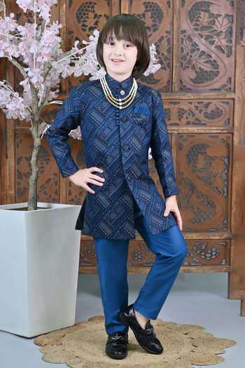Buy_Jhambthreads_Blue Jacquard Sherwani Jacket And Pant Set _at_Aza_Fashions