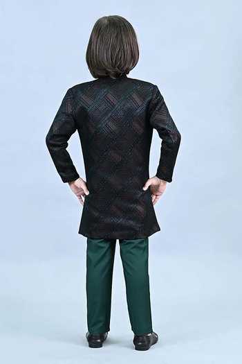 Shop_Jhambthreads_Black Jacquard Straight Sherwani And Pant Set _at_Aza_Fashions