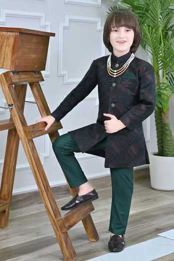 Buy_Jhambthreads_Black Jacquard Straight Sherwani And Pant Set _at_Aza_Fashions
