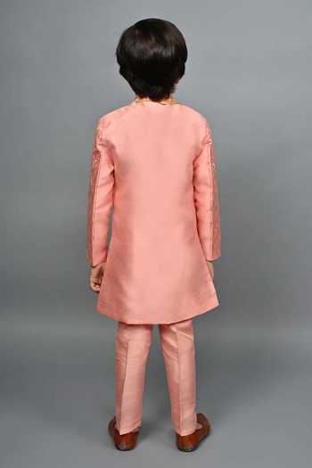 Shop_Jhambthreads_Pink Silk Tear Drop Motif Sherwani Jacket And Pant Set _at_Aza_Fashions