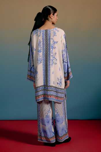 Shop_Shetab Kazmi_Blue Cotton Split V-neck Dove Printed Kurta And Pant Set _at_Aza_Fashions