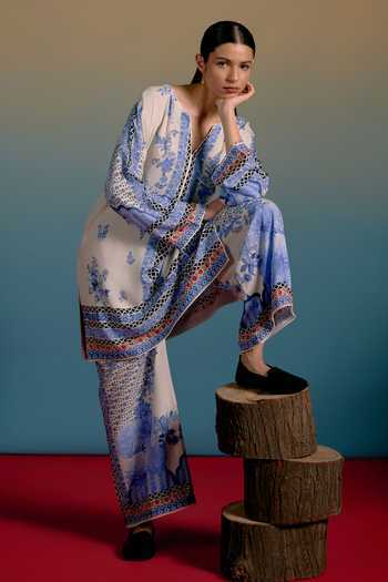 Shop_Shetab Kazmi_Blue Cotton Split V-neck Dove Printed Kurta And Pant Set 
