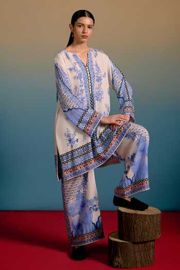 Shetab Kazmi_Blue Cotton Split V-neck Dove Printed Kurta And Pant Set _Online