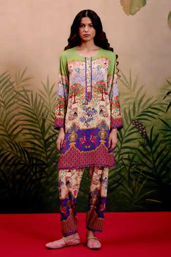 Buy_Shetab Kazmi_Multi Color Cotton Round Neck Prism Printed Kurta And Pant Set _at_Aza_Fashions