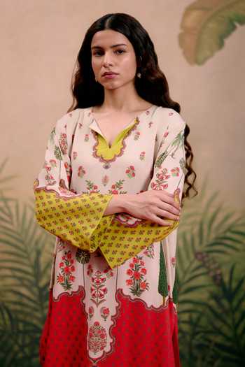 Shetab Kazmi_Ivory Cotton V-neck Raya Printed Kurta And Pant Set _Online