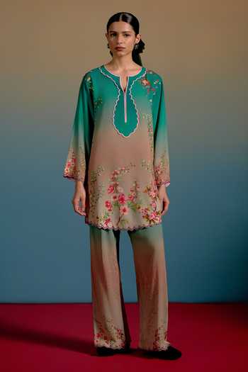 Buy_Shetab Kazmi_Green Cotton Split V-neck Zea Printed Kurta And Pant Set _at_Aza_Fashions