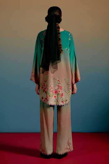 Shop_Shetab Kazmi_Green Cotton Split V-neck Zea Printed Kurta And Pant Set _at_Aza_Fashions
