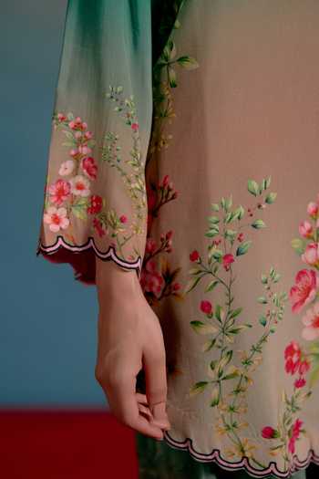 Shetab Kazmi_Green Cotton Split V-neck Zea Printed Kurta And Pant Set _Online