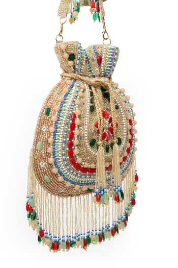SG Collection By Sonia Gulrajani_Gold Embroidery, Beads, Pearls, Stones, Tassels, Amirah Raw Silk Potli Bag _Online_at_Aza_Fashions