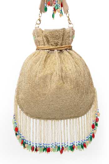 Shop_SG Collection By Sonia Gulrajani_Gold Embroidery, Beads, Pearls, Stones, Tassels, Amirah Raw Silk Potli Bag _at_Aza_Fashions