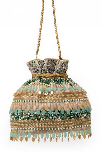 Shop_SG Collection By Sonia Gulrajani_Gold Embroidery, Beads, Pearls, Zari, Stones, Tassels Amreen Raw Silk Potli Bag _at_Aza_Fashions