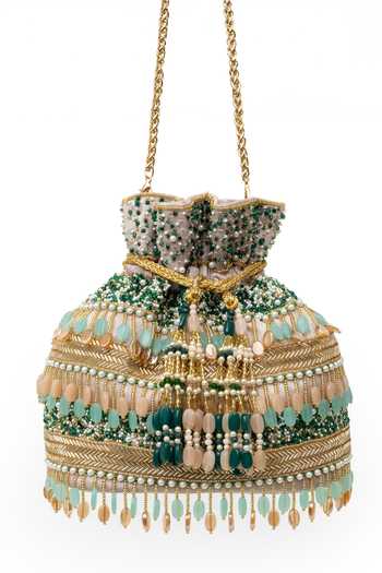 Buy_SG Collection By Sonia Gulrajani_Gold Embroidery, Beads, Pearls, Zari, Stones, Tassels Amreen Raw Silk Potli Bag _at_Aza_Fashions