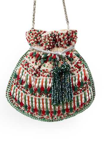 Buy_SG Collection By Sonia Gulrajani_Red Beads, Pearls, Crystals, Tassels Emerald Muse Beaded Potli _at_Aza_Fashions