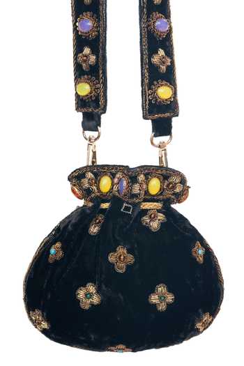 Shop_SG Collection By Sonia Gulrajani_Black Embroidery, Beads, Zari, Stones, Tassels Mahira Velvet Potli Bag _at_Aza_Fashions