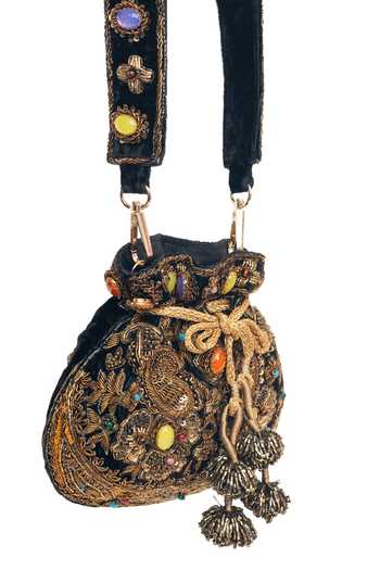 SG Collection By Sonia Gulrajani_Black Embroidery, Beads, Zari, Stones, Tassels Mahira Velvet Potli Bag _Online_at_Aza_Fashions