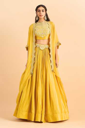 Roohbyridhimaa_Mustard Organza, Viscose Embroidery, Zari Mandarin Arisa Cape Lehenga Set _Online_at_Aza_Fashions