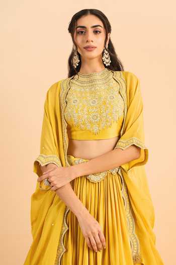 Buy_Roohbyridhimaa_Mustard Organza, Viscose Embroidery, Zari Mandarin Arisa Cape Lehenga Set _Online_at_Aza_Fashions