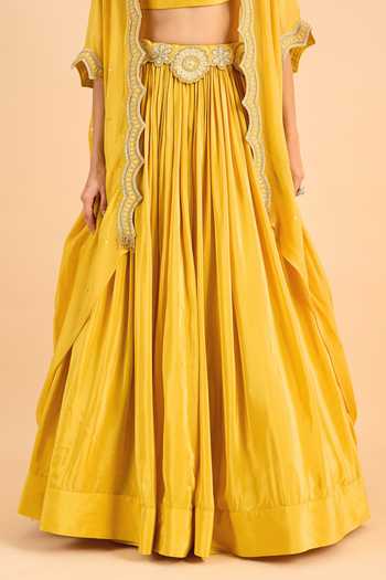Shop_Roohbyridhimaa_Mustard Organza, Viscose Embroidery, Zari Mandarin Arisa Cape Lehenga Set _Online_at_Aza_Fashions