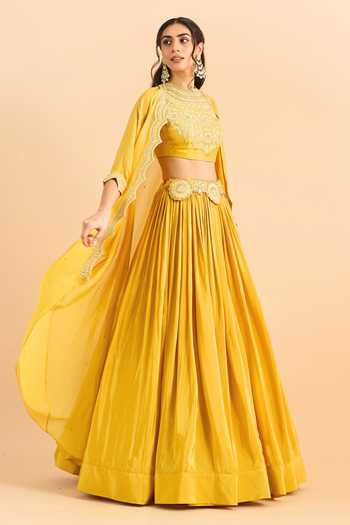Roohbyridhimaa_Mustard Organza, Viscose Embroidery, Zari Mandarin Arisa Cape Lehenga Set _at_Aza_Fashions
