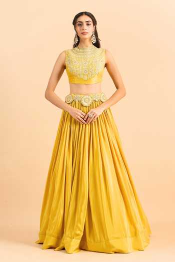 Buy_Roohbyridhimaa_Mustard Organza, Viscose Embroidery, Zari Mandarin Arisa Cape Lehenga Set 