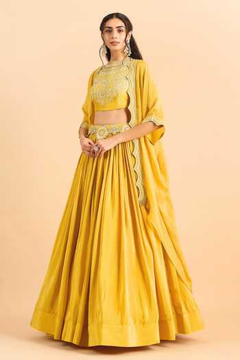 Shop_Roohbyridhimaa_Mustard Organza, Viscose Embroidery, Zari Mandarin Arisa Cape Lehenga Set 