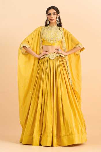 Buy_Roohbyridhimaa_Mustard Organza, Viscose Embroidery, Zari Mandarin Arisa Cape Lehenga Set _at_Aza_Fashions