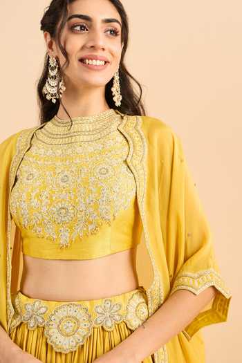 Roohbyridhimaa_Mustard Organza, Viscose Embroidery, Zari Mandarin Arisa Cape Lehenga Set _Online